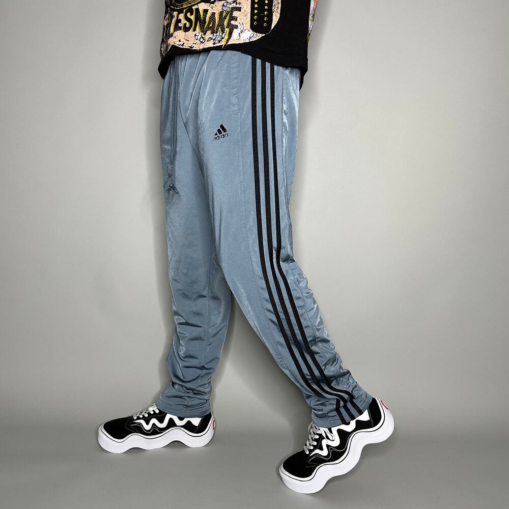 Vintage Y2K Adidas Sweatpants Mens L Baggy Fit Grey Polyester Black 3 Stripes